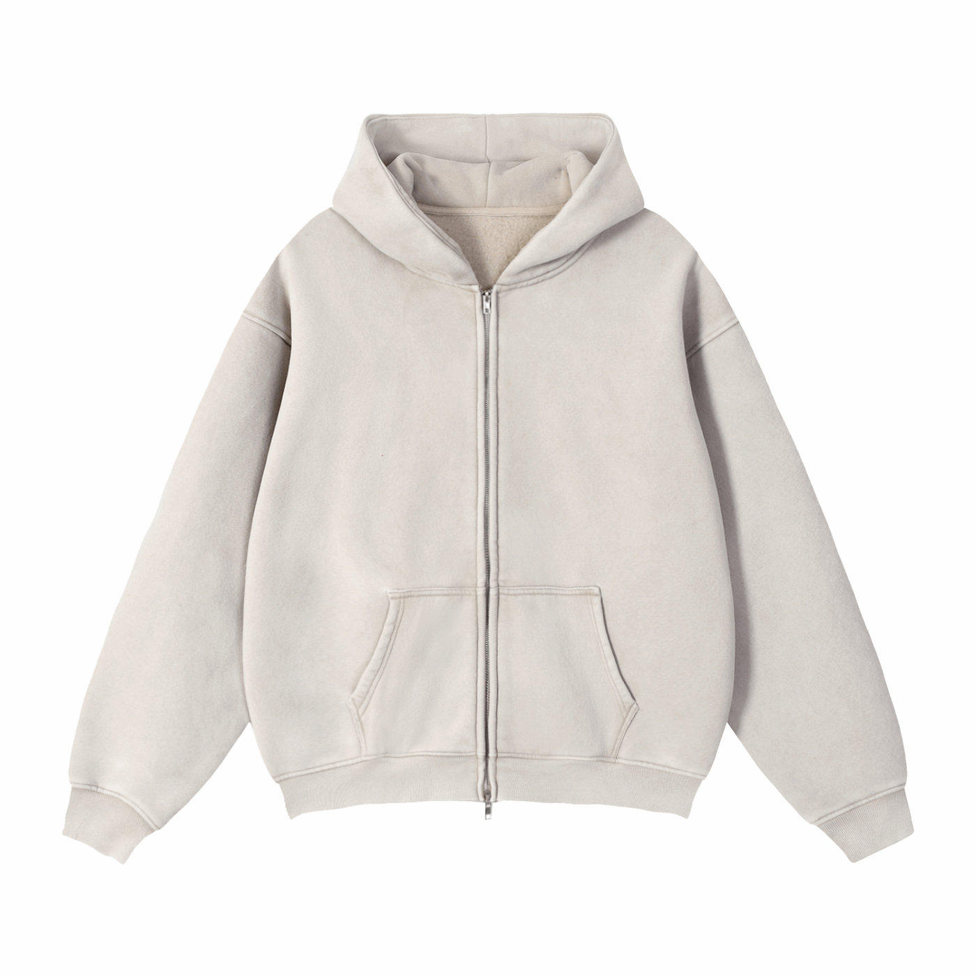 Cream zip-through boxy fleece hoodie with hood and kangaroo pockets