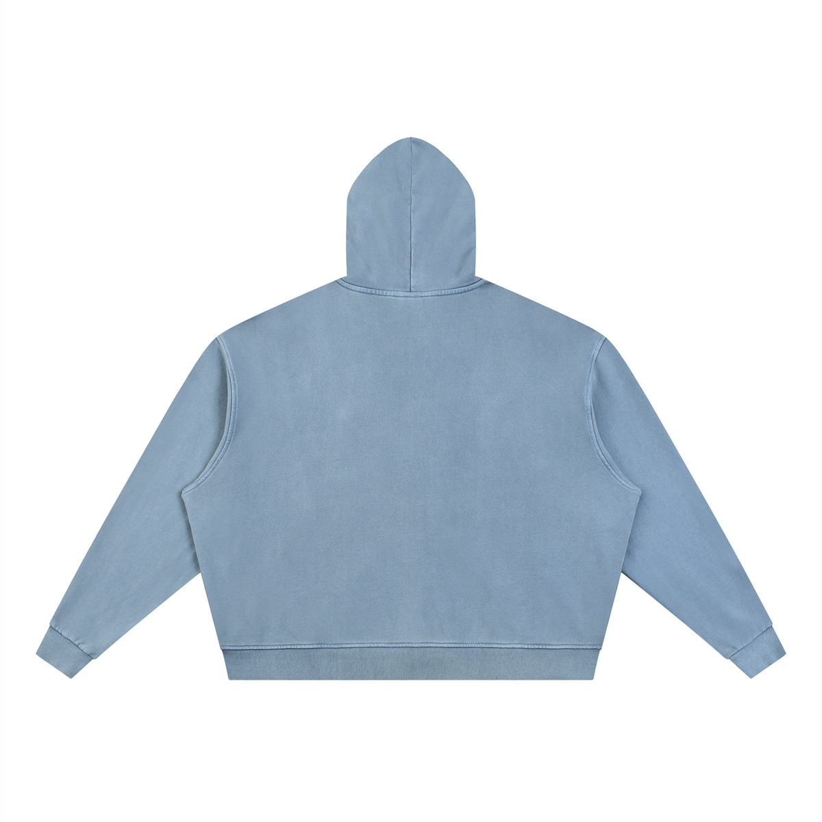 Jeans blue full-zip boxy hoodie with hood, shown from the back