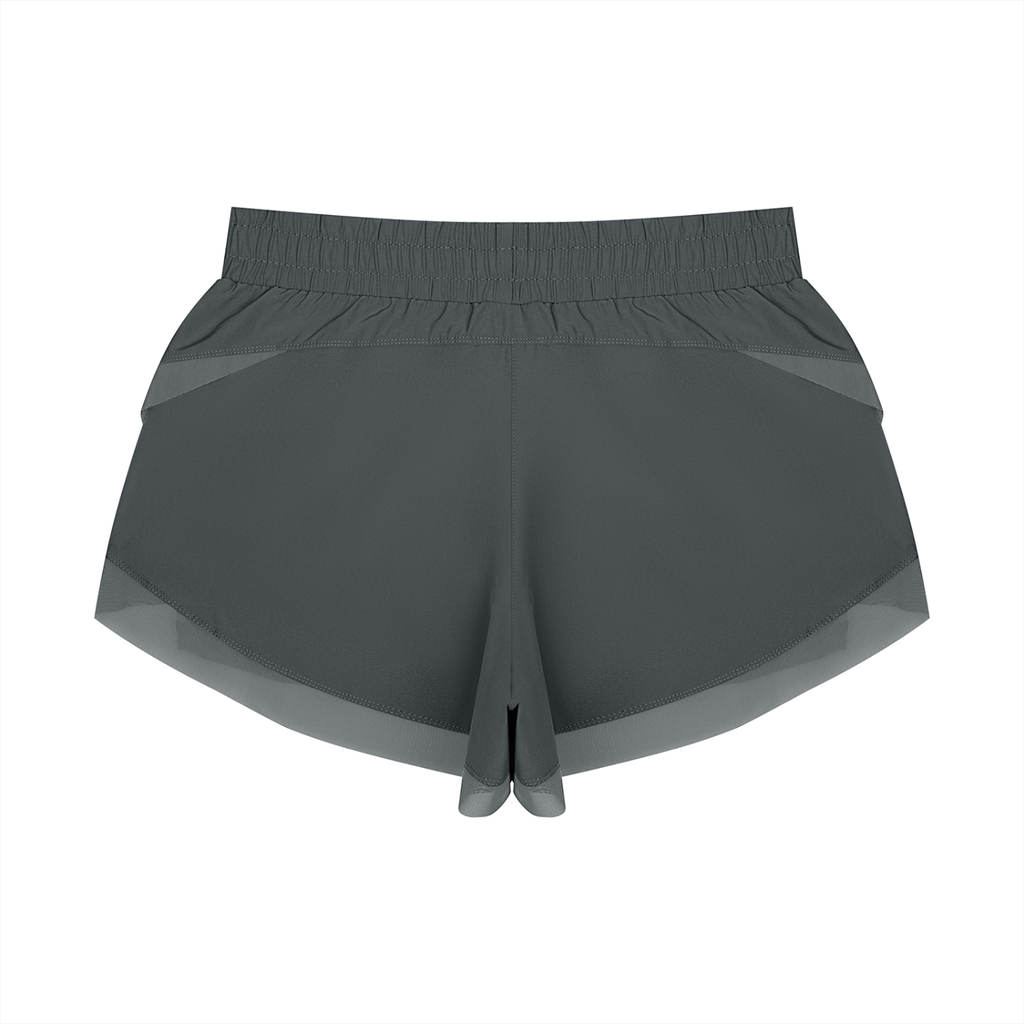 Dark gray paneled yoga shorts with wide elastic waistband and layered hem detail.