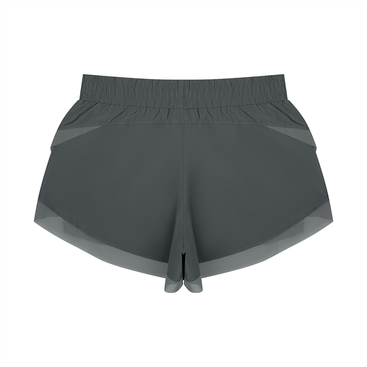 Dark gray paneled yoga shorts with wide elastic waistband and layered hem detail.