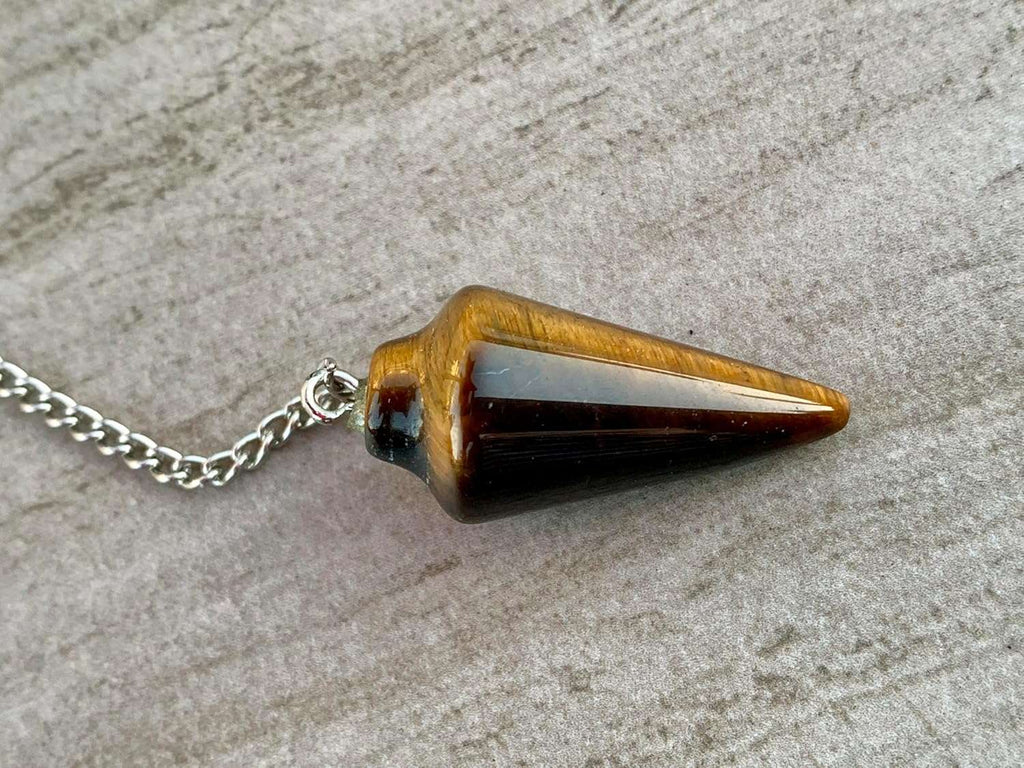 Tiger eye gemstone pendulum bag charm with silver chain and dark end cap