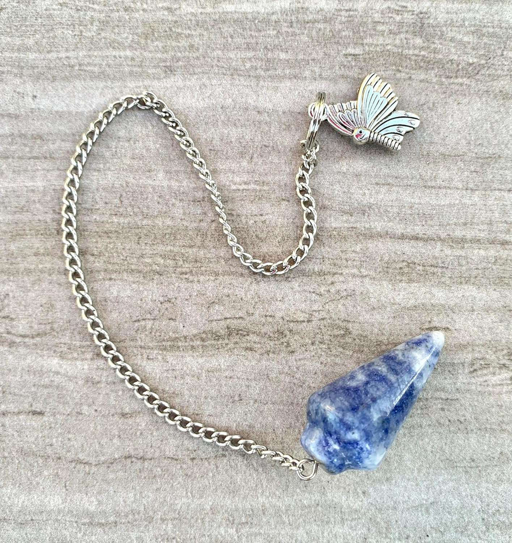 Blue and white crystal pendulum with silver chain and butterfly charm