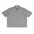 Black-and-white vertical stripe boxy shirt, short sleeves, button-front, chest pocket