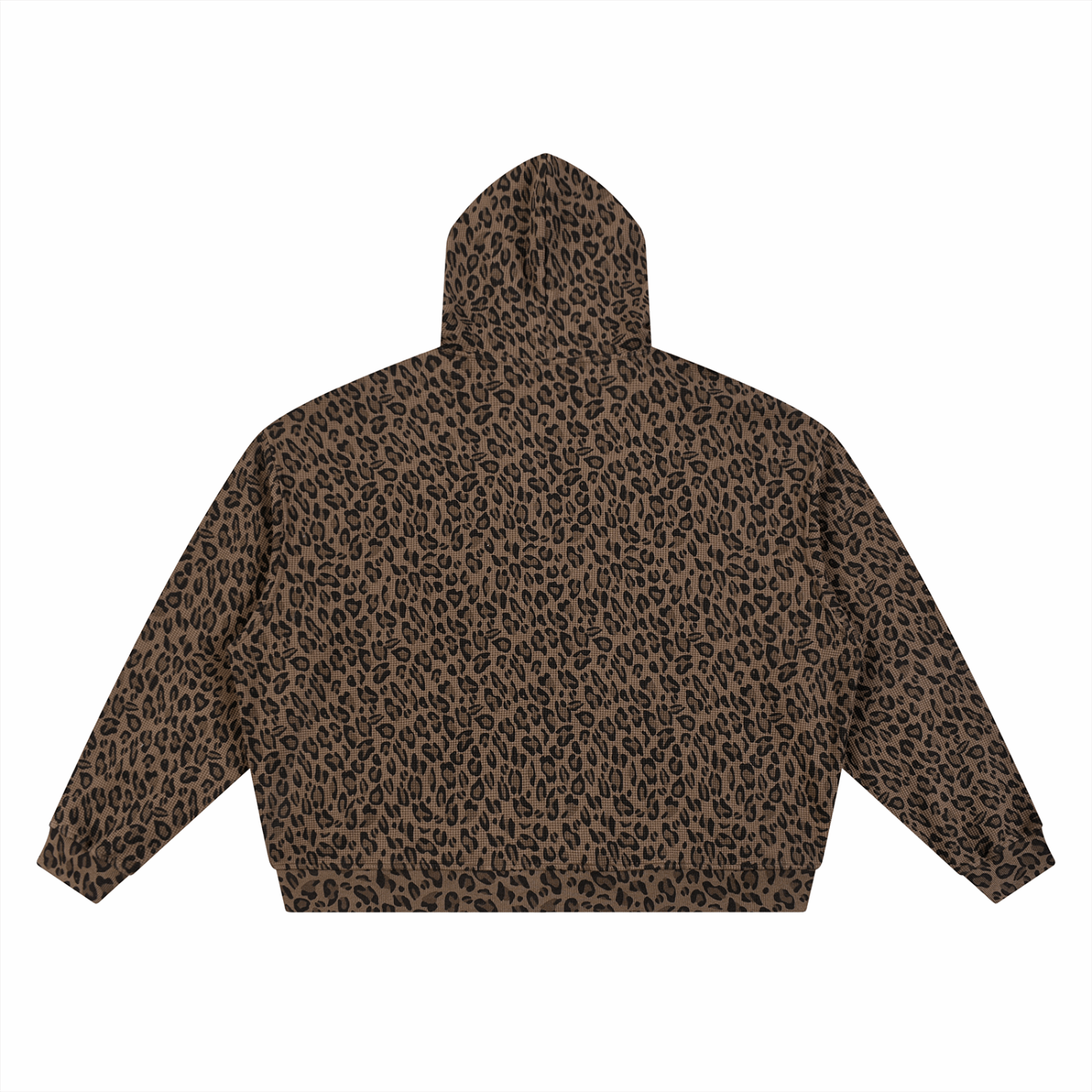 Unisex leopard-print waffle full-zip hoodie, brown with leopard spots