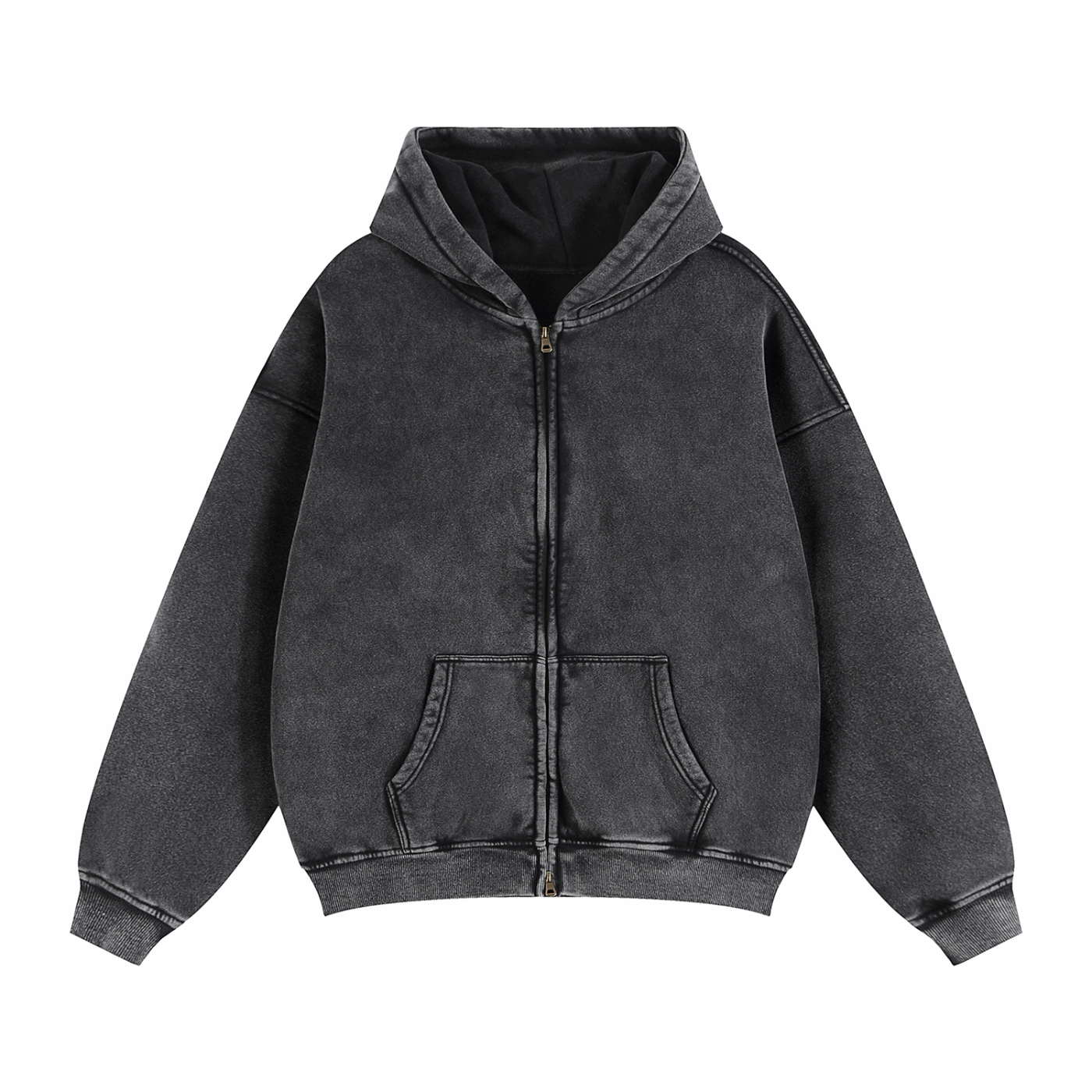 Dark gray zip-through boxy fleece hoodie with hood and kangaroo pockets