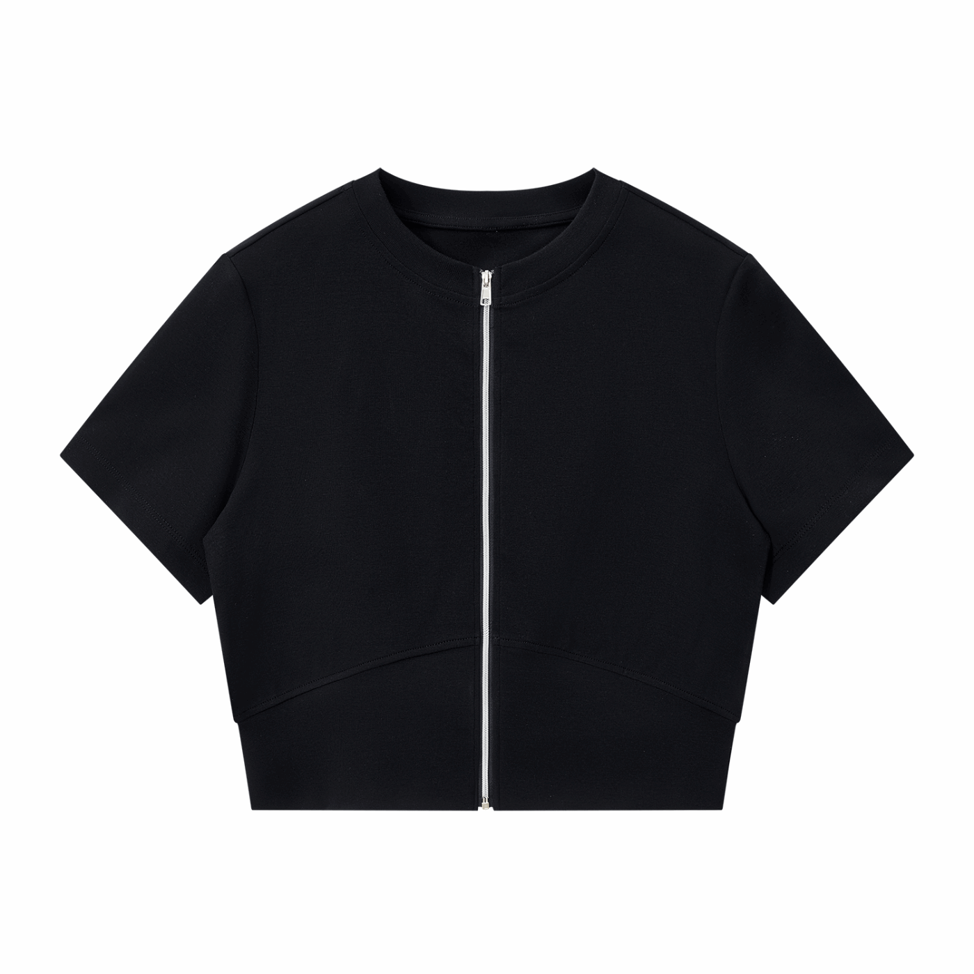 Black paneling full-zip T-shirt with short sleeves and stand collar