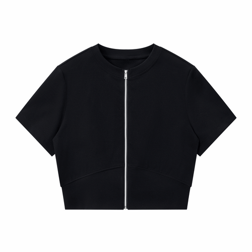 Black paneling full-zip T-shirt with short sleeves and stand collar