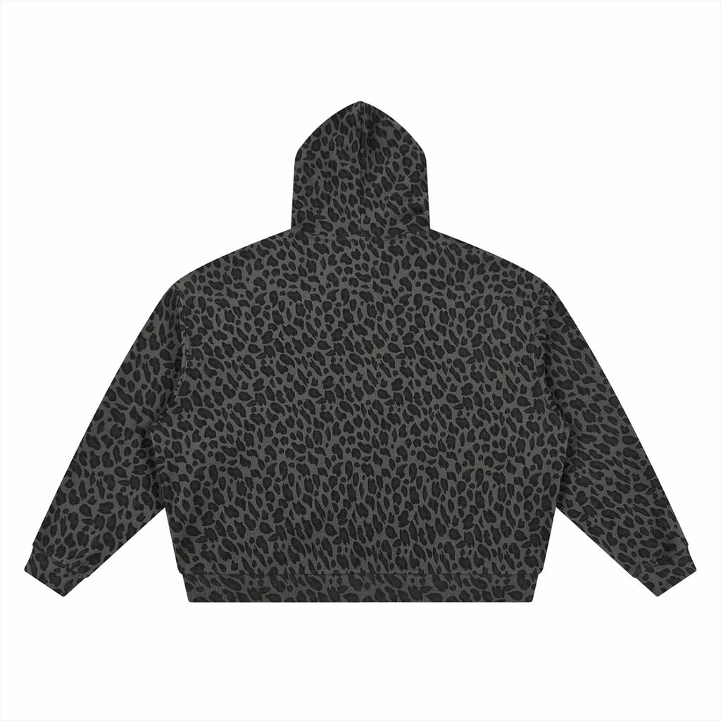 Unisex leopard-print waffle full-zip hoodie, dark gray with leopard spots