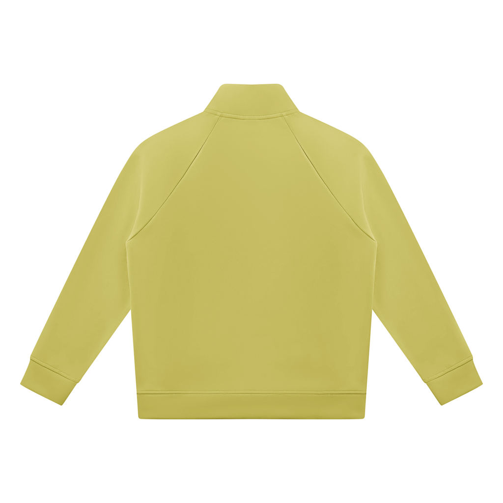 Lime yellow stand-collar jacket, full-zip back with raglan seams