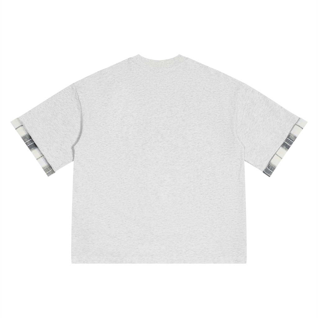 Oat gray unisex T-shirt back view with plaid cuffed sleeves