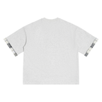 Oat gray unisex T-shirt back view with plaid cuffed sleeves