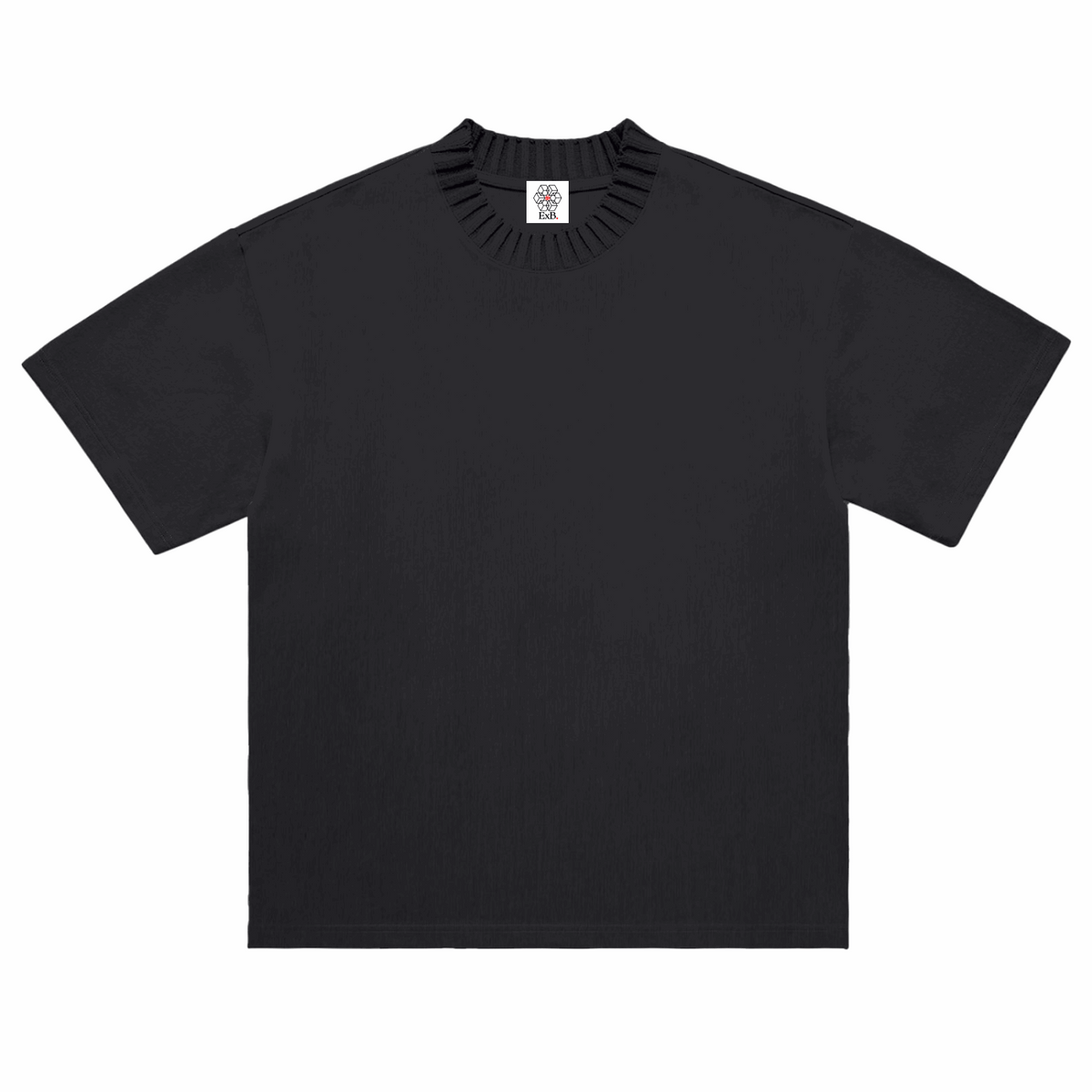Black heavyweight knit crew-neck T-shirt, short sleeves, ribbed collar and hem