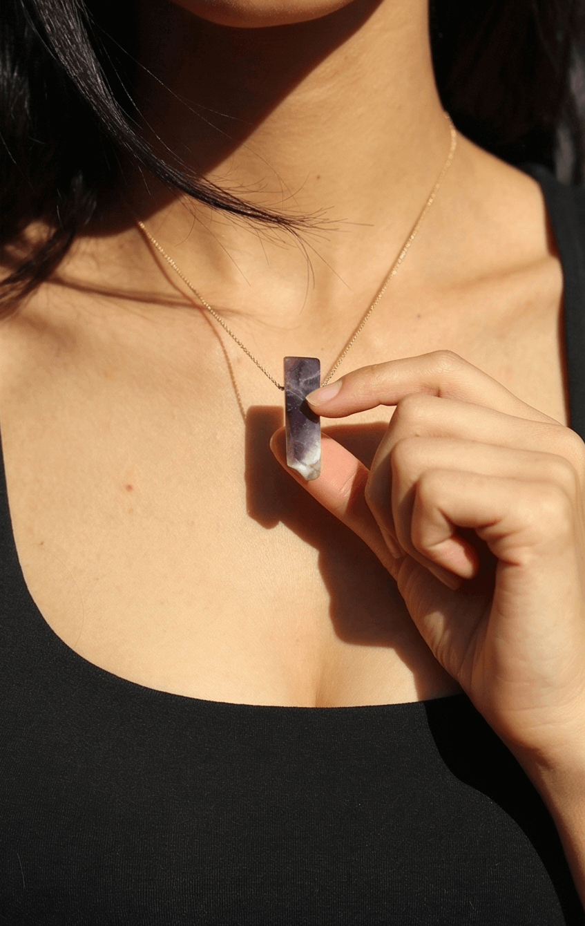 18k gold amethyst bar pendant necklace with thin chain, close-up