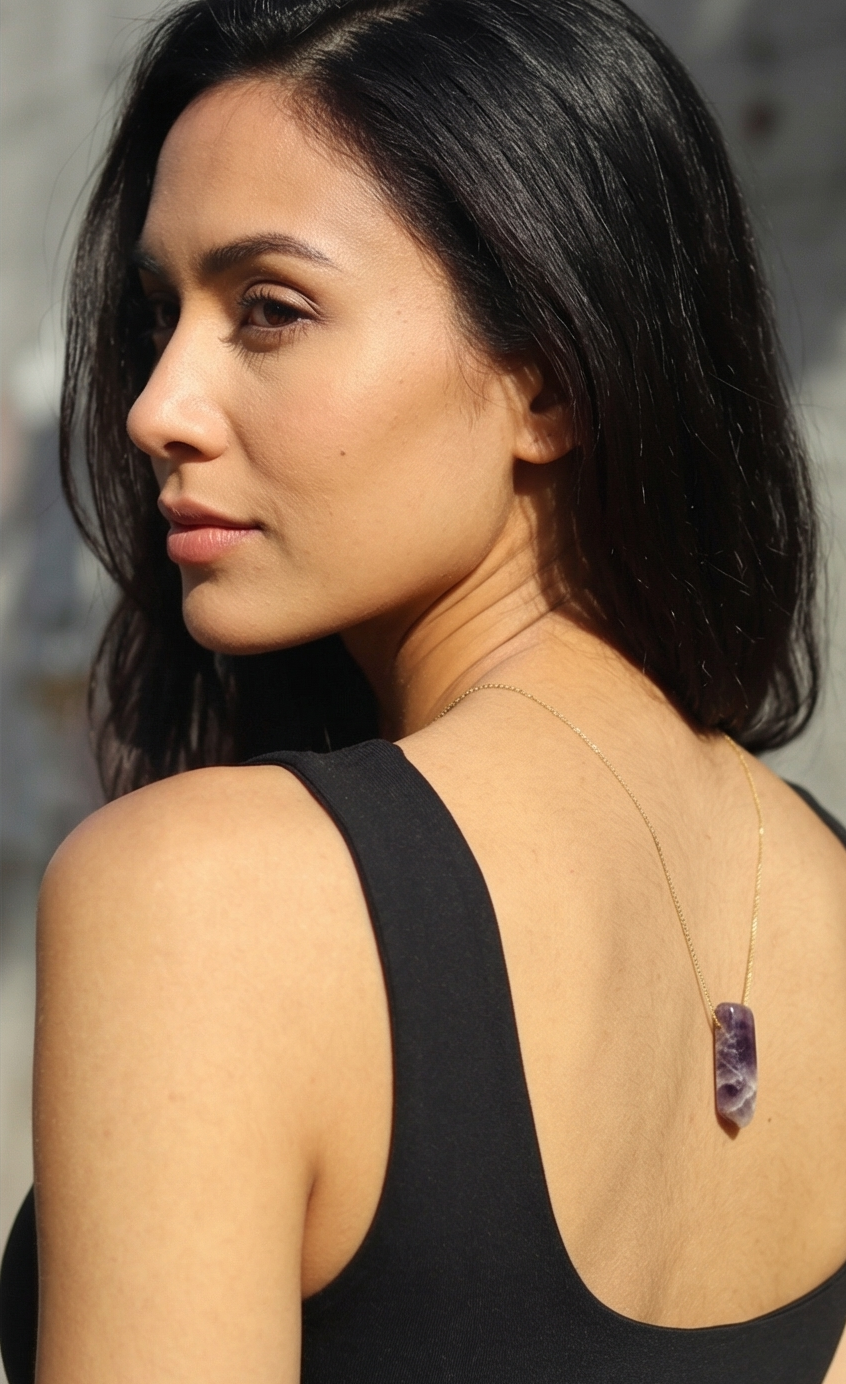 Natural Amethyst Bar 18k Gold Necklace