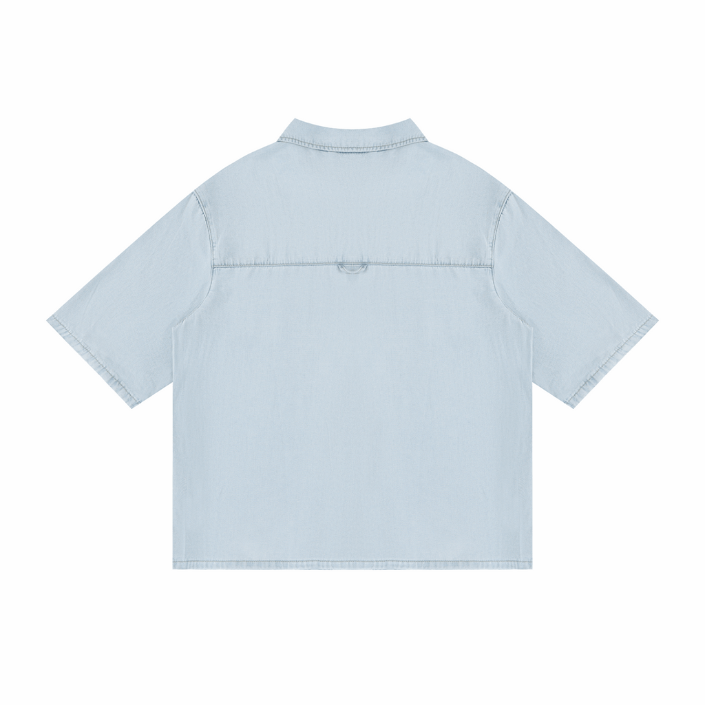 Unisex vintage wash drop-shoulder lyocell shirt, light blue, back view with yoke seam