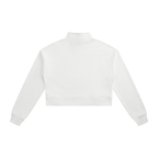 White cropped quarter-zip sweatshirt, back view with stand collar