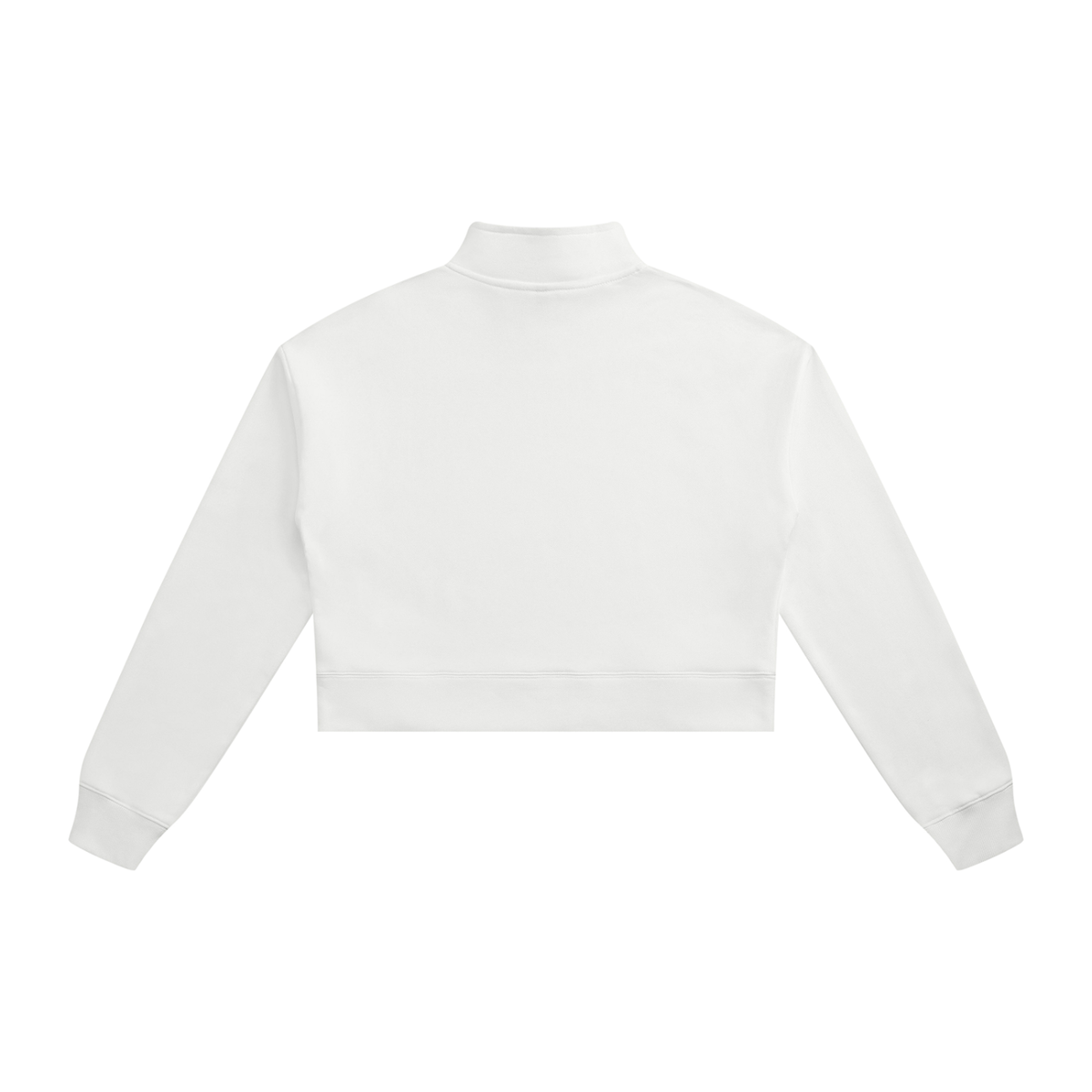 White cropped quarter-zip sweatshirt, back view with stand collar