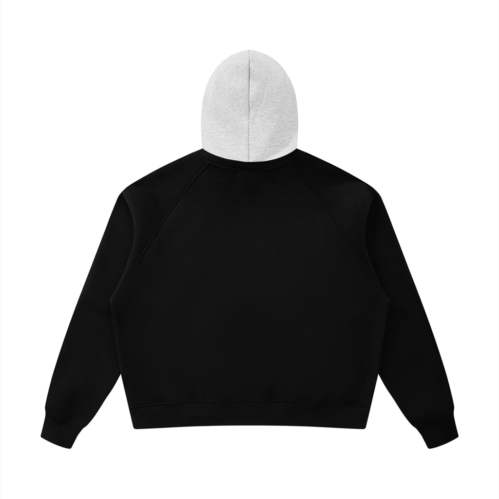 Fleece raglan hoodie, black back with light gray hood