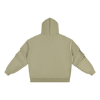 Olive pullover hoodie back view with ruched sleeves and hood.