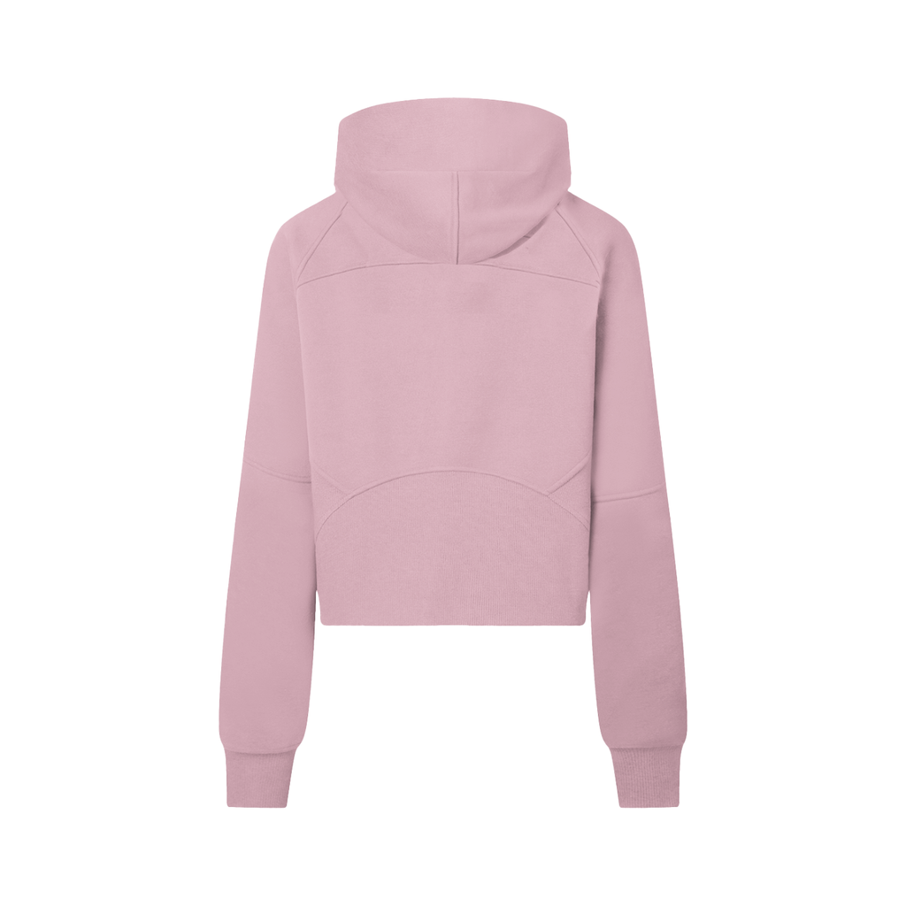 Cropped half-zip hoodie in dusty pink, back view with hood and centered seam