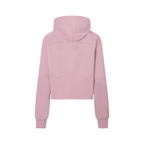 Cropped half-zip hoodie in dusty pink, back view with hood and centered seam