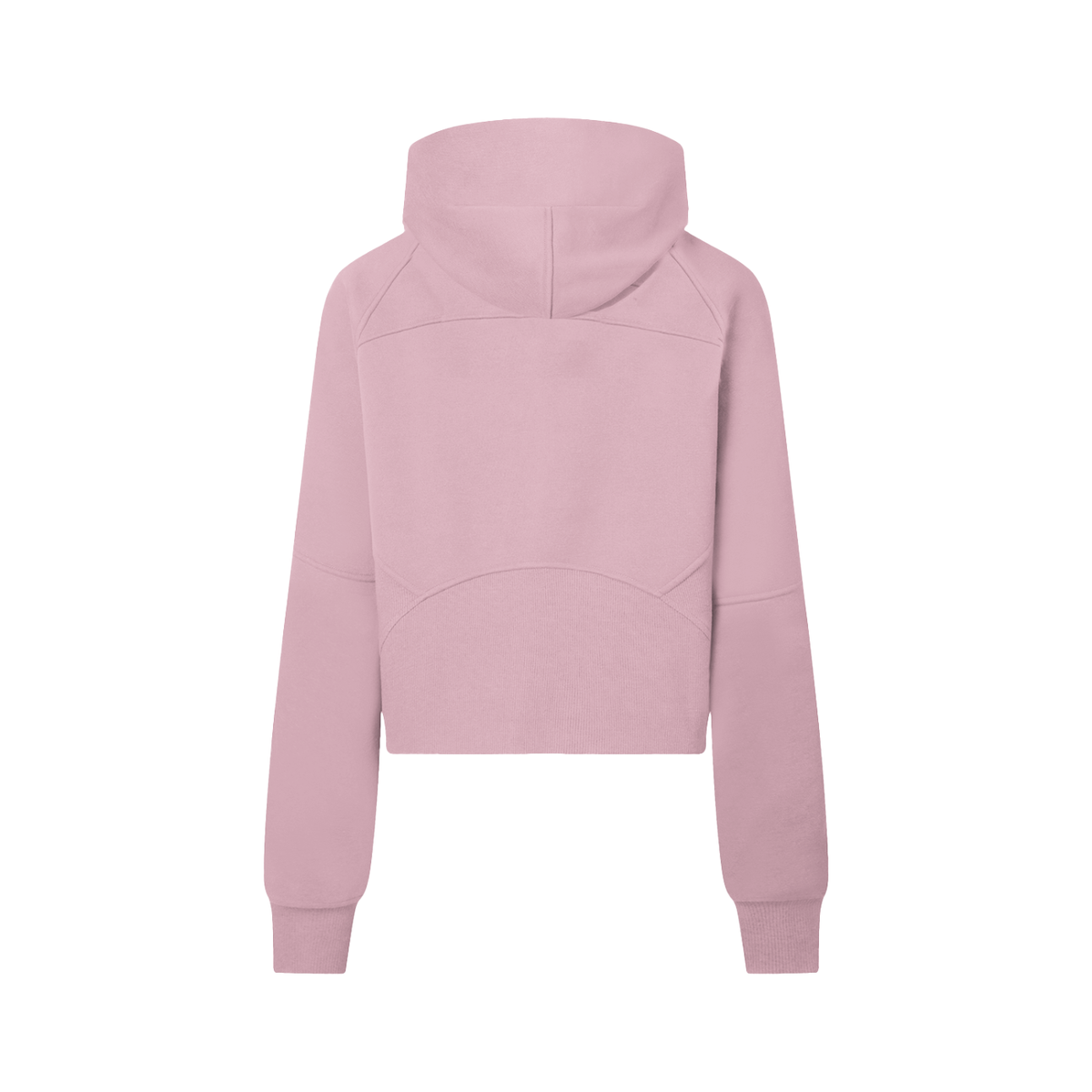 Cropped half-zip hoodie in dusty pink, back view with hood and centered seam