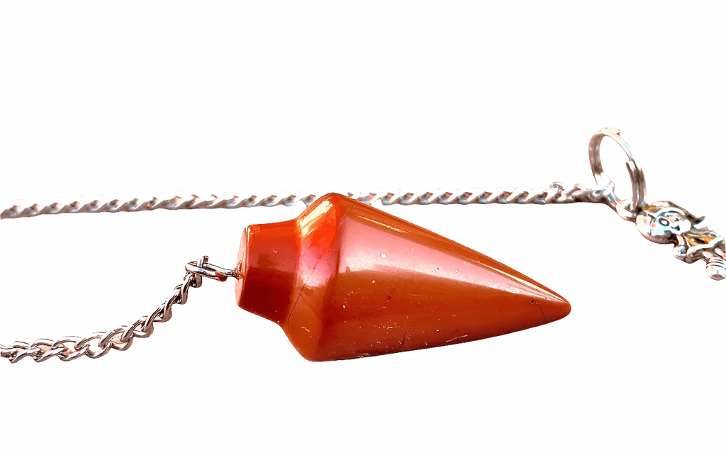 Red jasper pendulum bag charm with silver chain and small mystery charm