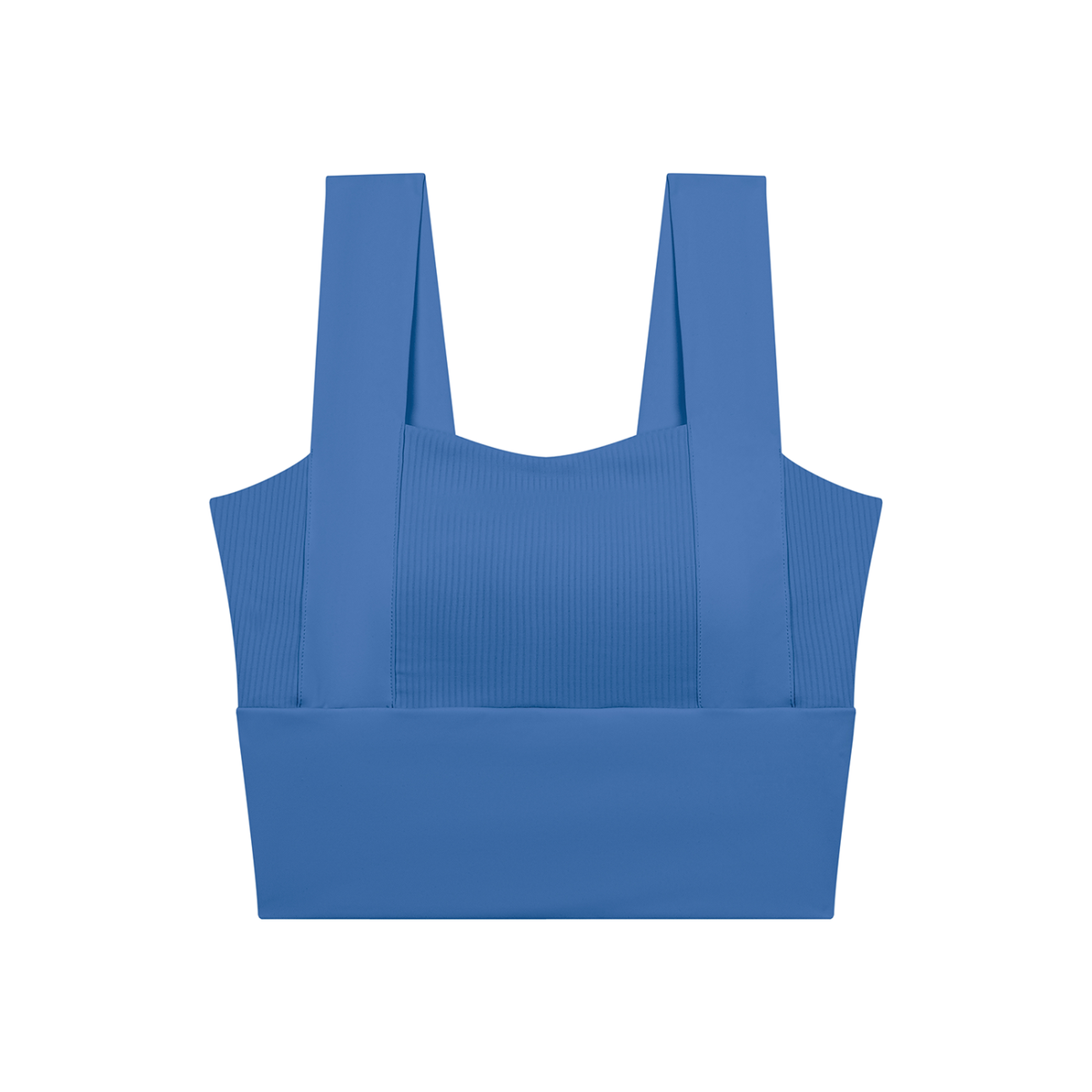 Colorful blue women’s yoga crop tank top with wide straps and ribbed textured fabric