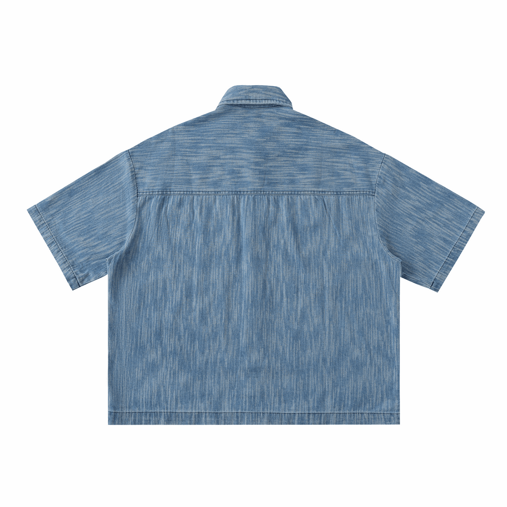 Distressed blue short-sleeve button-up shirt, back view