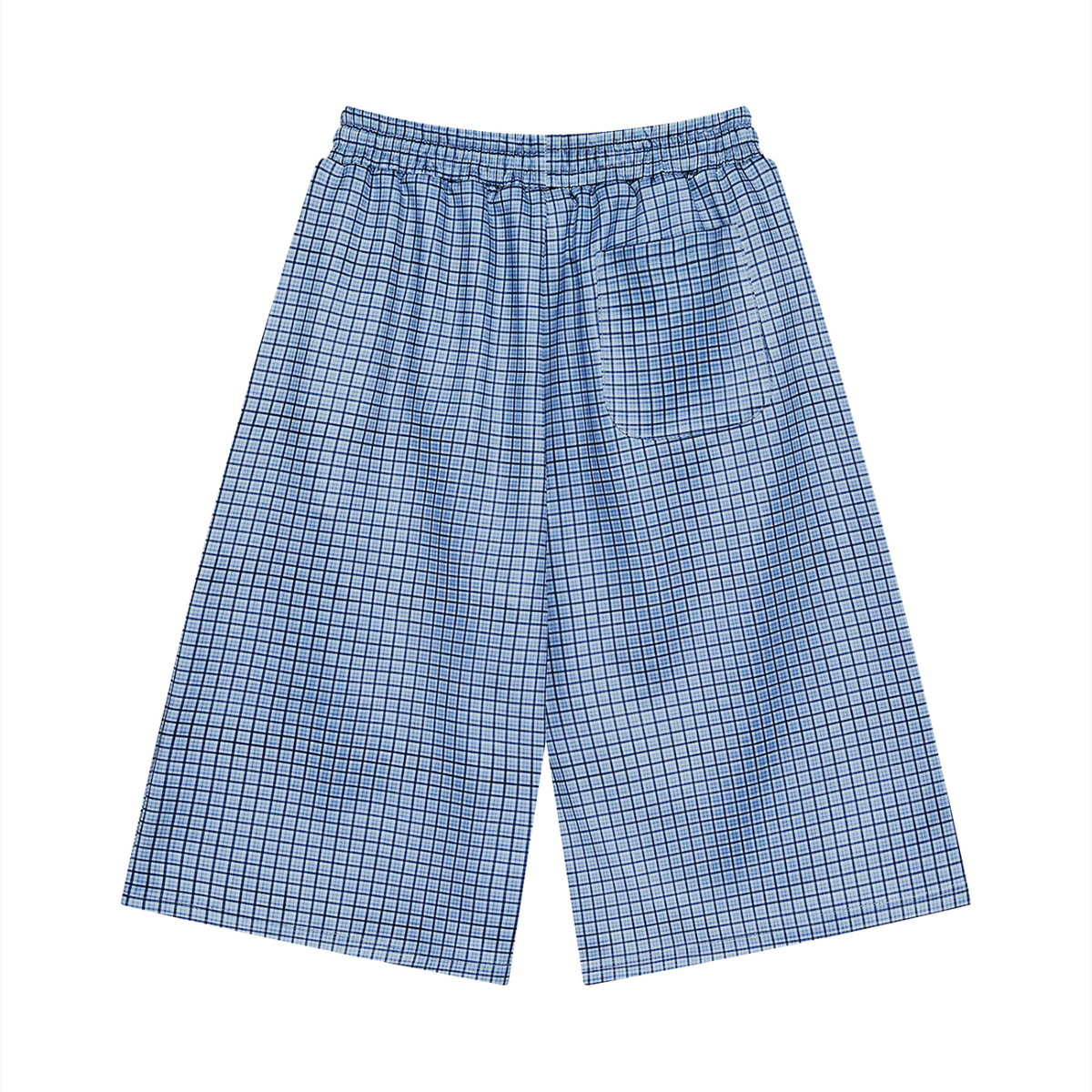 Sky blue plaid drawstring shorts, elastic waistband with gray drawstring