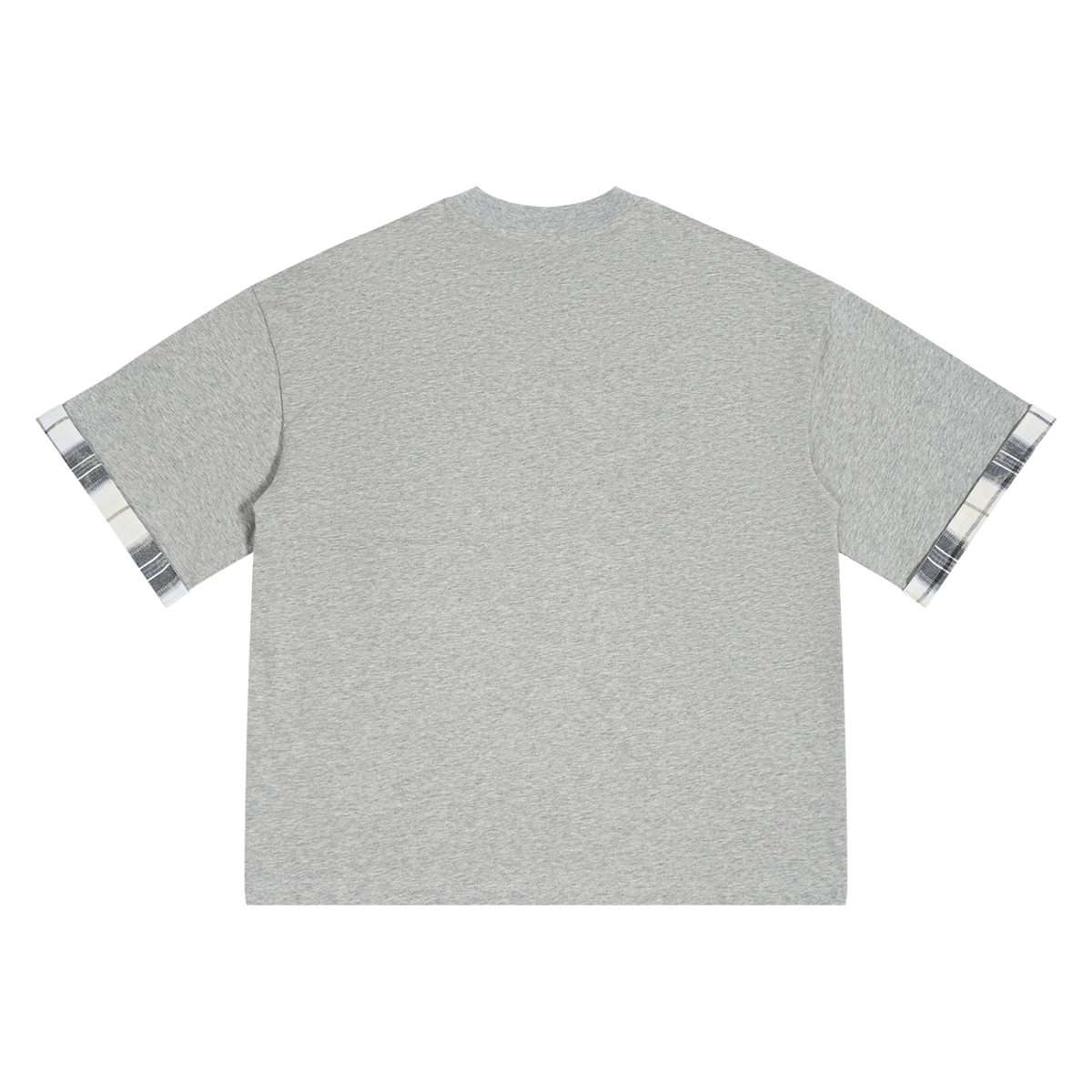Light gray unisex T-shirt back view with plaid-cuffed sleeves