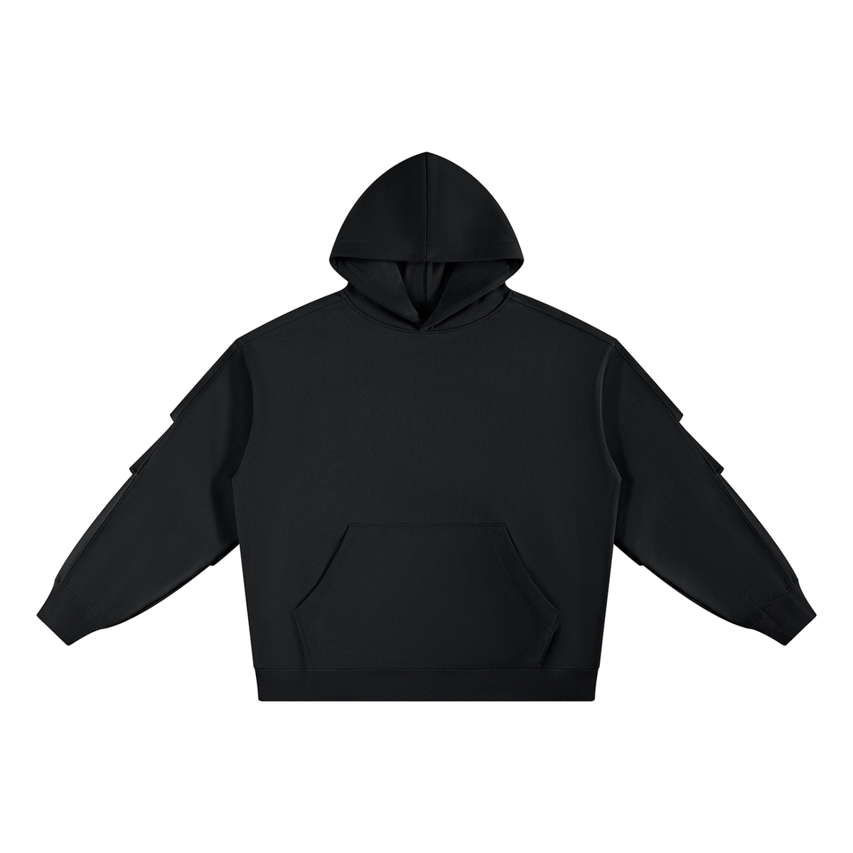 Black pullover hoodie with ruched sleeves, hood, and front kangaroo pocket.