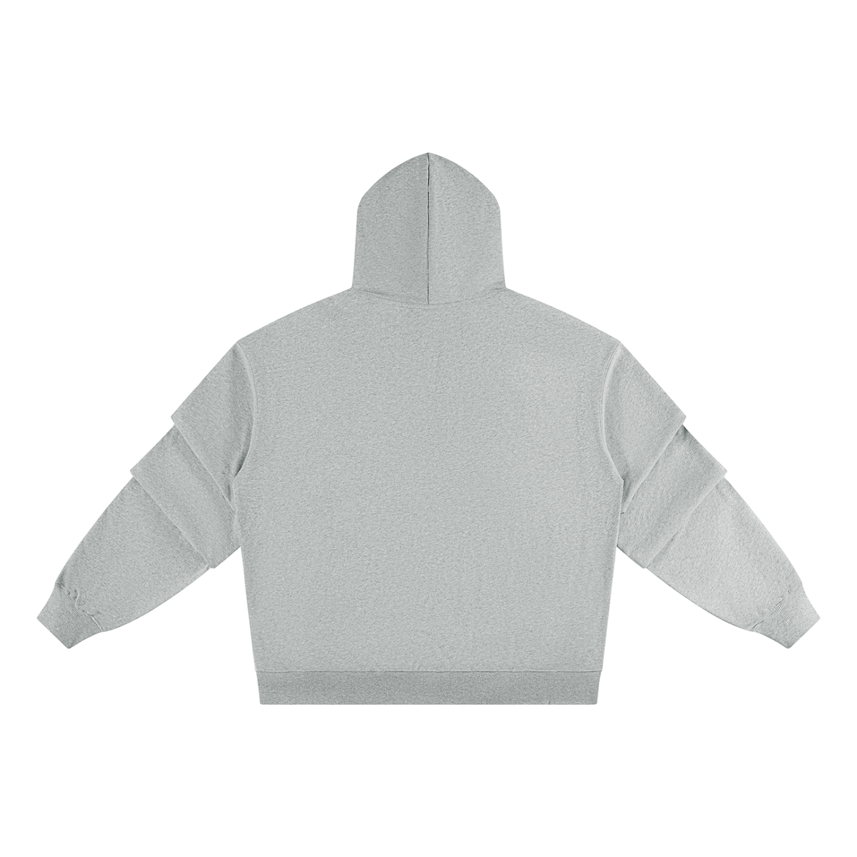 Light gray pullover hoodie back view with ruched sleeves and hood.