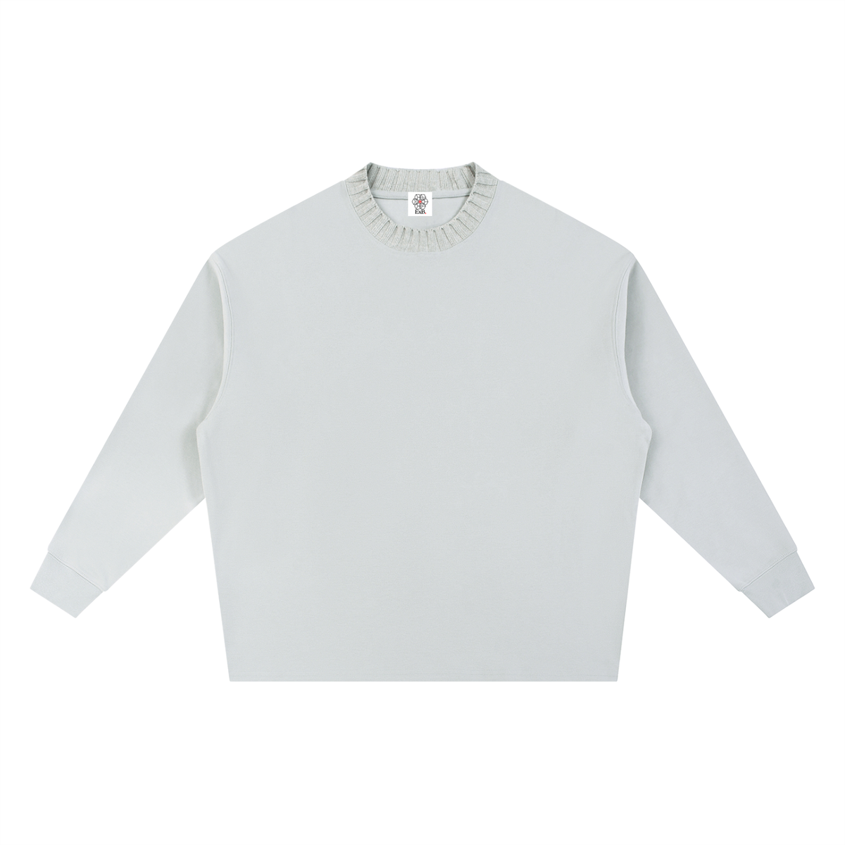 Light gray knitted oversize sweatshirt with crew round neck and long sleeves, front view