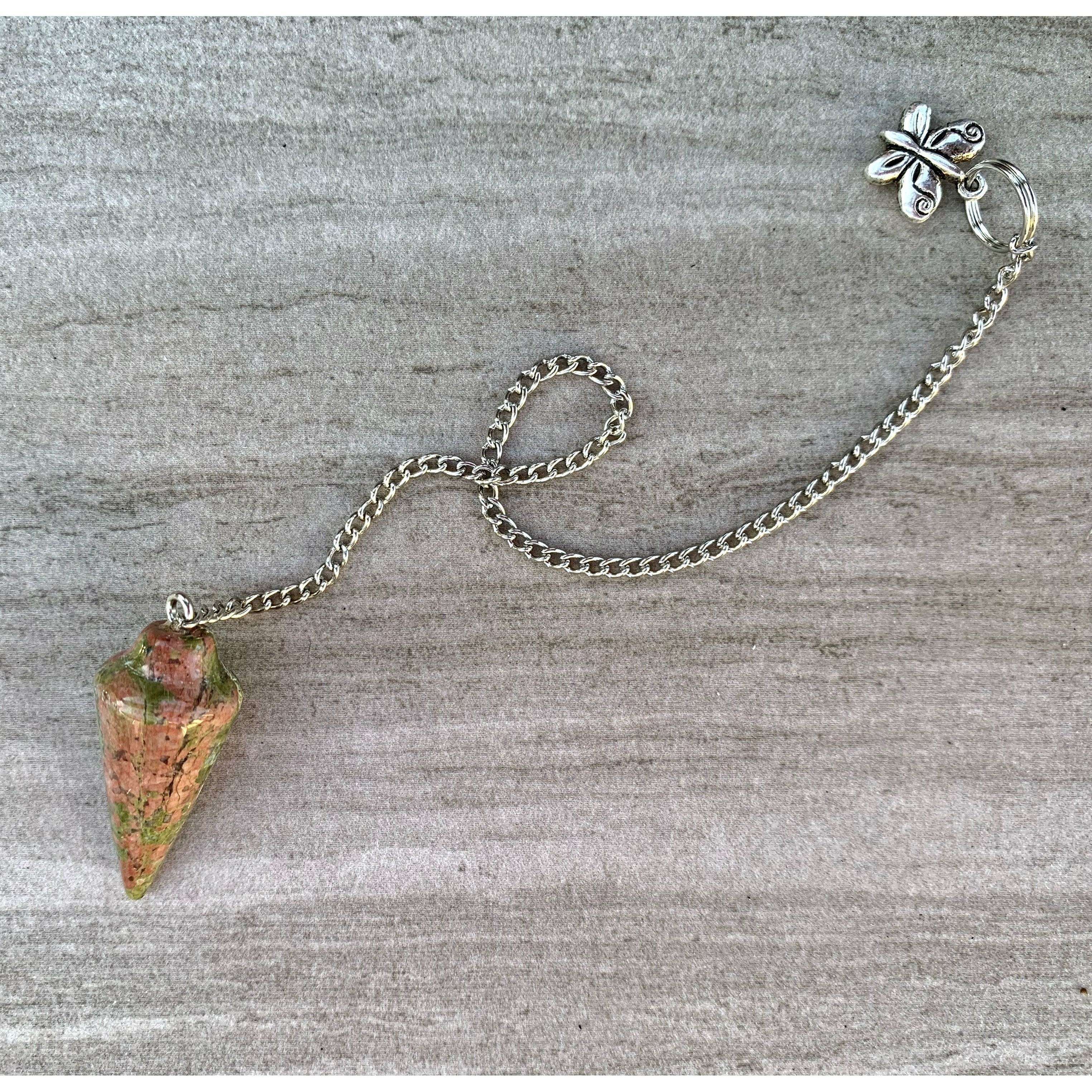 Unakite pendulum with silver chain and flower charm detail