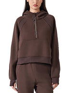 Cropped half-zip hoodie in dark brown with ribbed cuffs and front zip placket