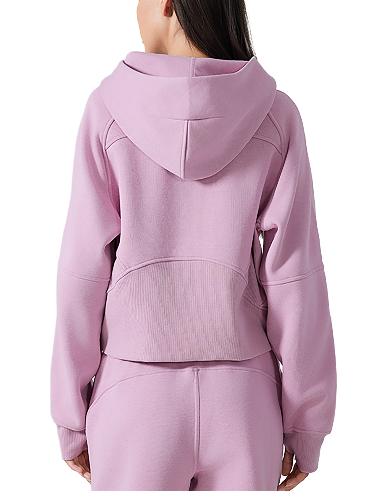 Cropped half-zip hoodie back view in lavender with hood and ribbed hem