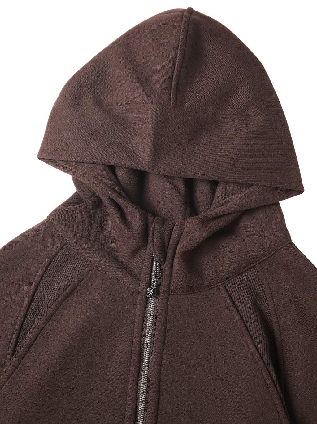 Cropped half-zip hoodie hood and zipper detail in dark brown