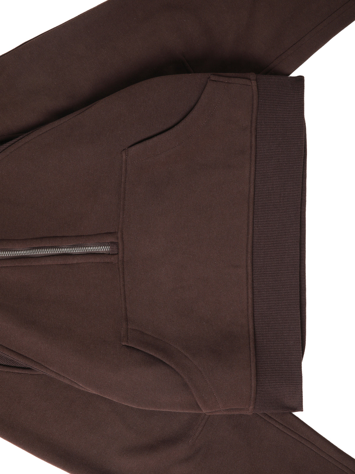 Cropped half-zip hoodie pocket and side panel detail in dark brown
