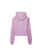 Cropped half-zip hoodie in lavender pink, back view with hood and centered seam