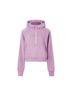 Cropped half-zip hoodie in lavender pink, hooded with front zip and kangaroo pocket