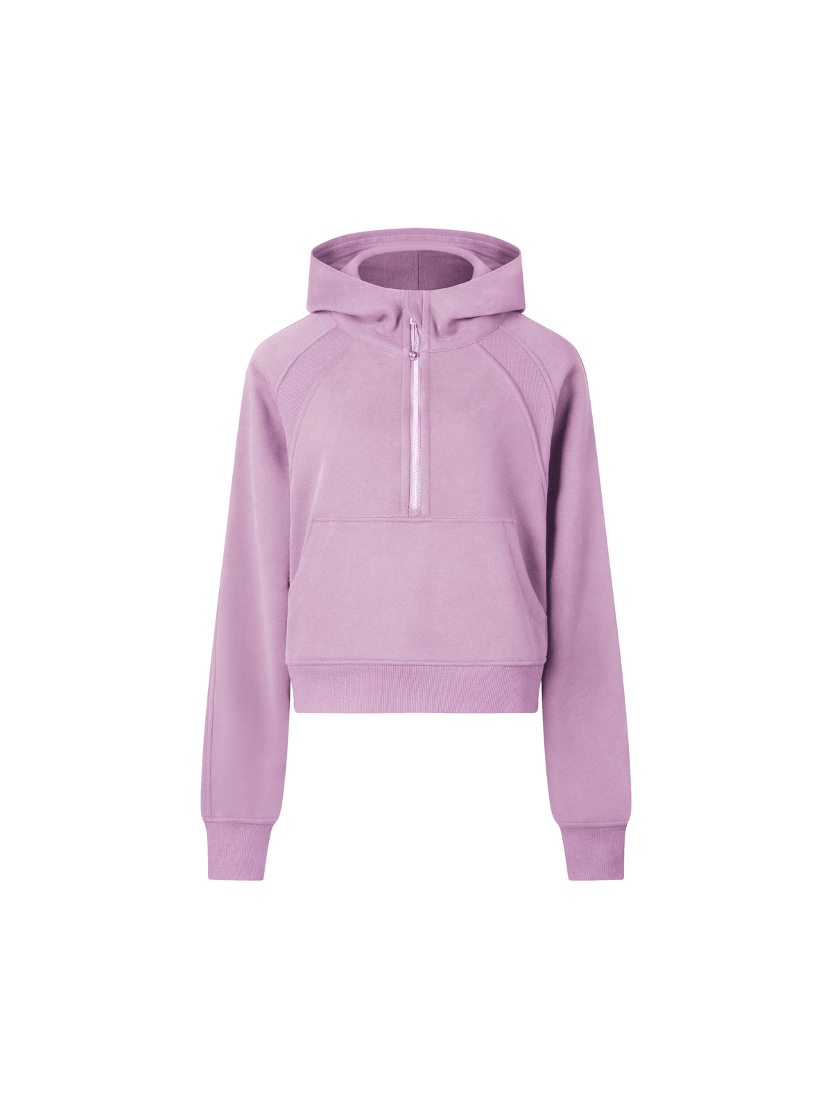 Cropped half-zip hoodie in lavender pink, hooded with front zip and kangaroo pocket