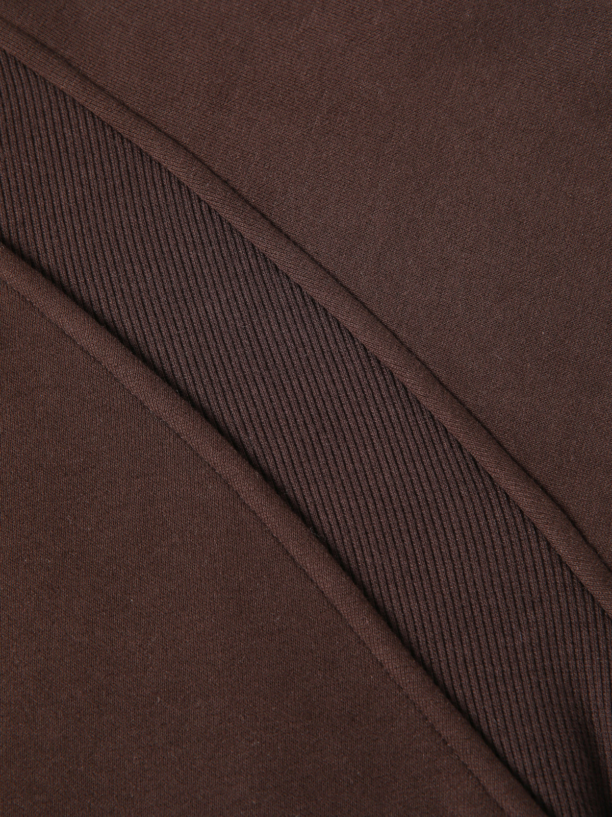 Cropped half-zip hoodie fabric texture in dark brown with ribbed knit panel