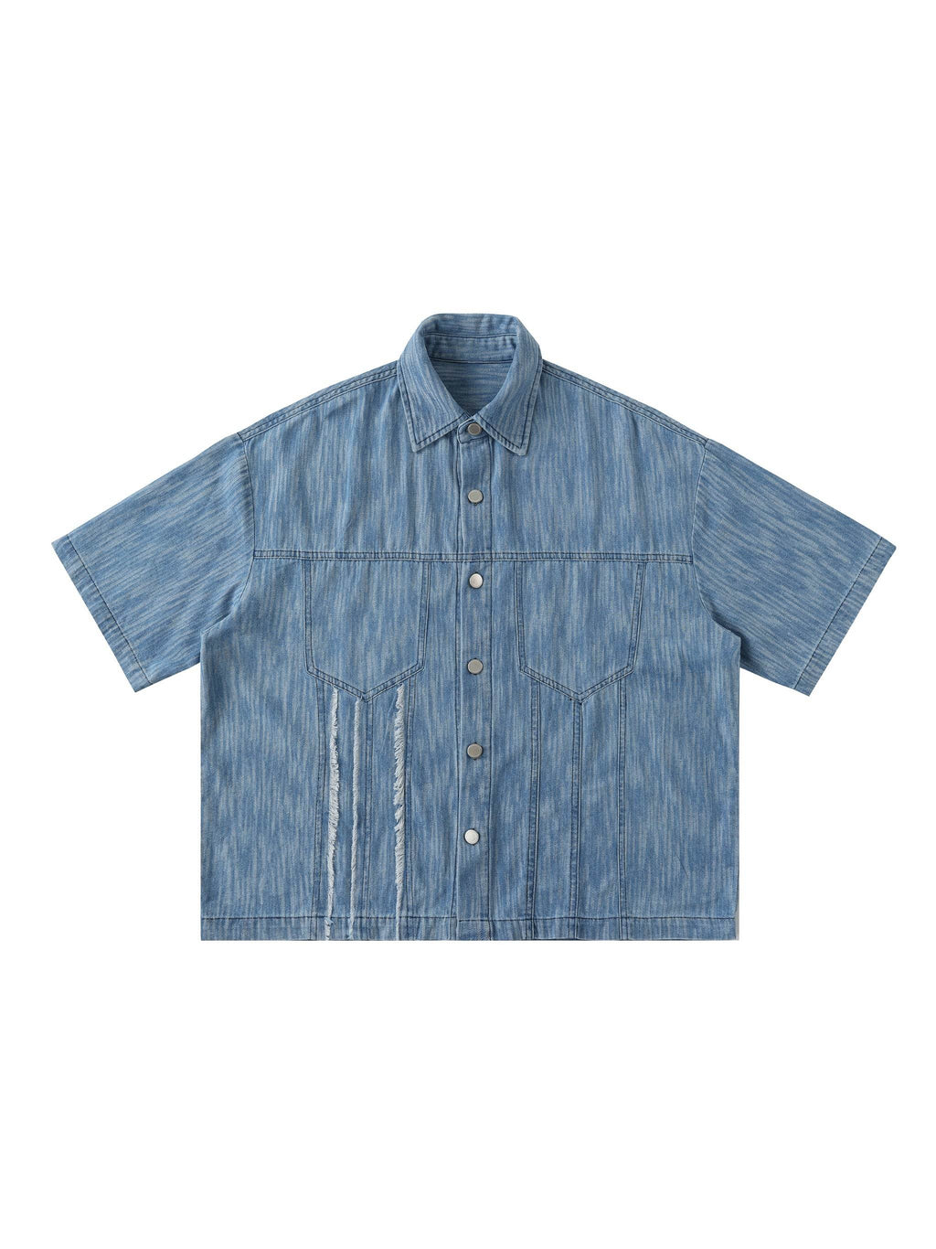 Distressed blue short-sleeve button-up shirt with chest patch pockets