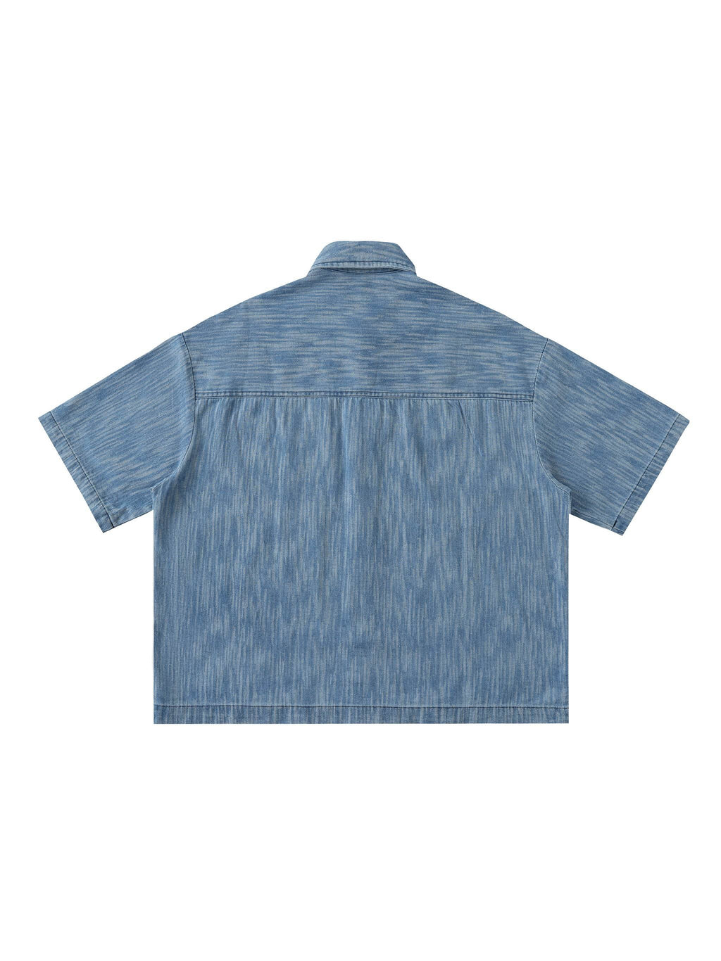 Distressed blue short-sleeve button-up shirt, back view with yoke seam