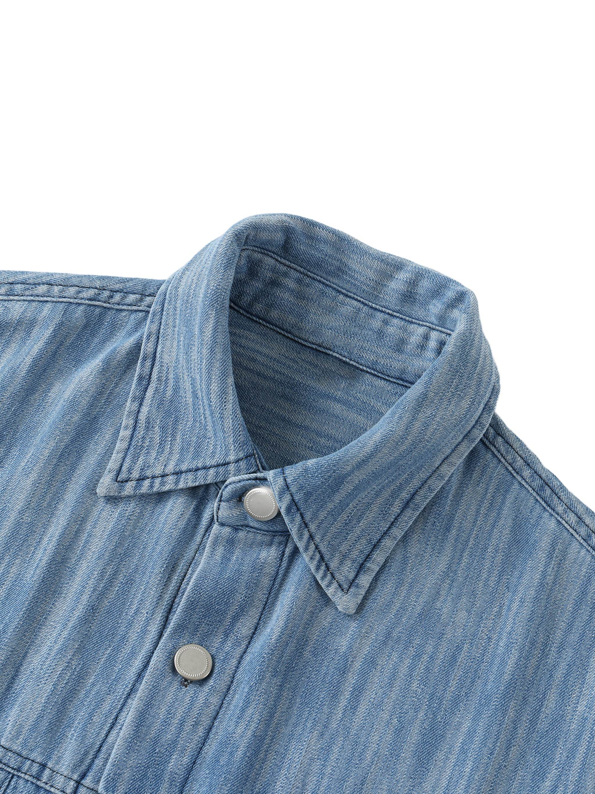 Blue distressed short-sleeve shirt collar with two visible front buttons