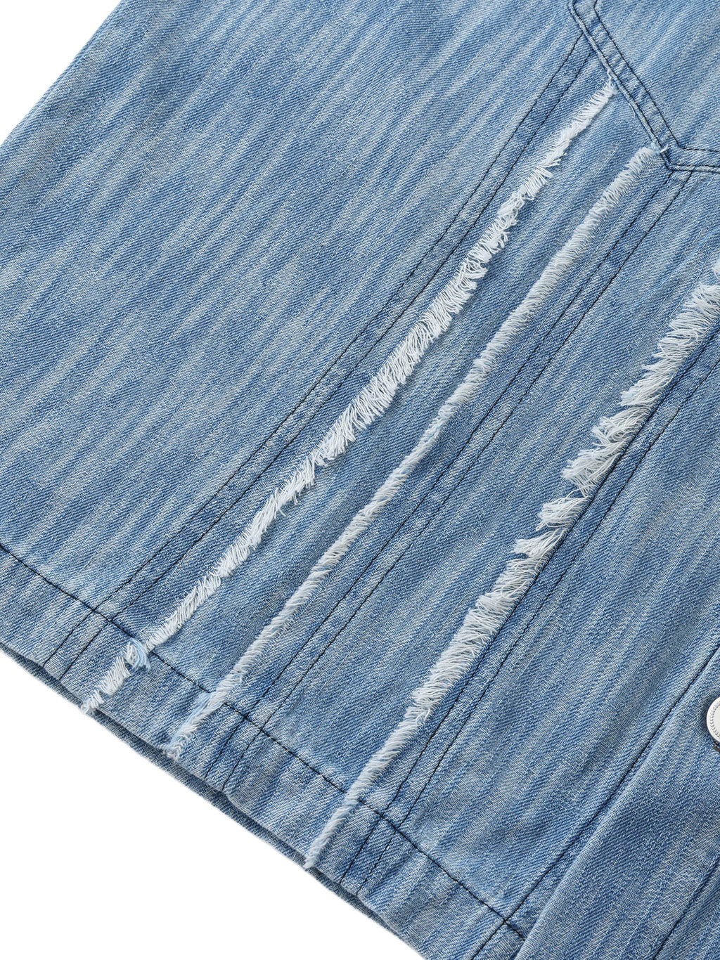 Distressed blue shirt hem with worn stripes and frayed detailing