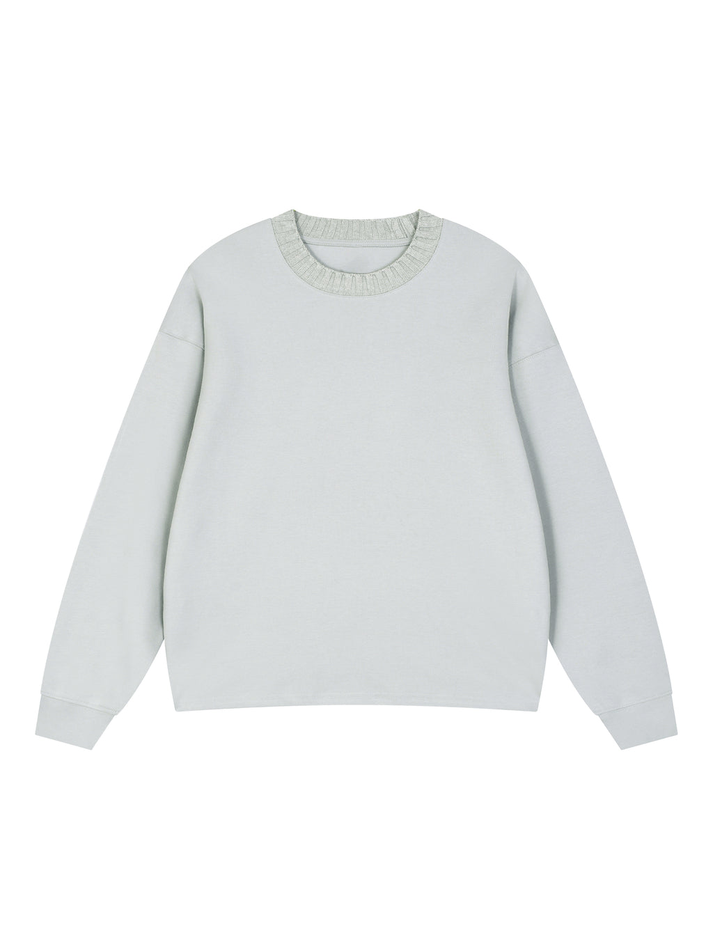 Light gray knitted oversize sweatshirt with crew round neck and long sleeves, front view