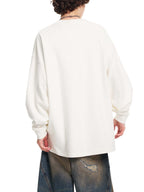White oversized knit sweatshirt, back view with round neckline and long sleeves