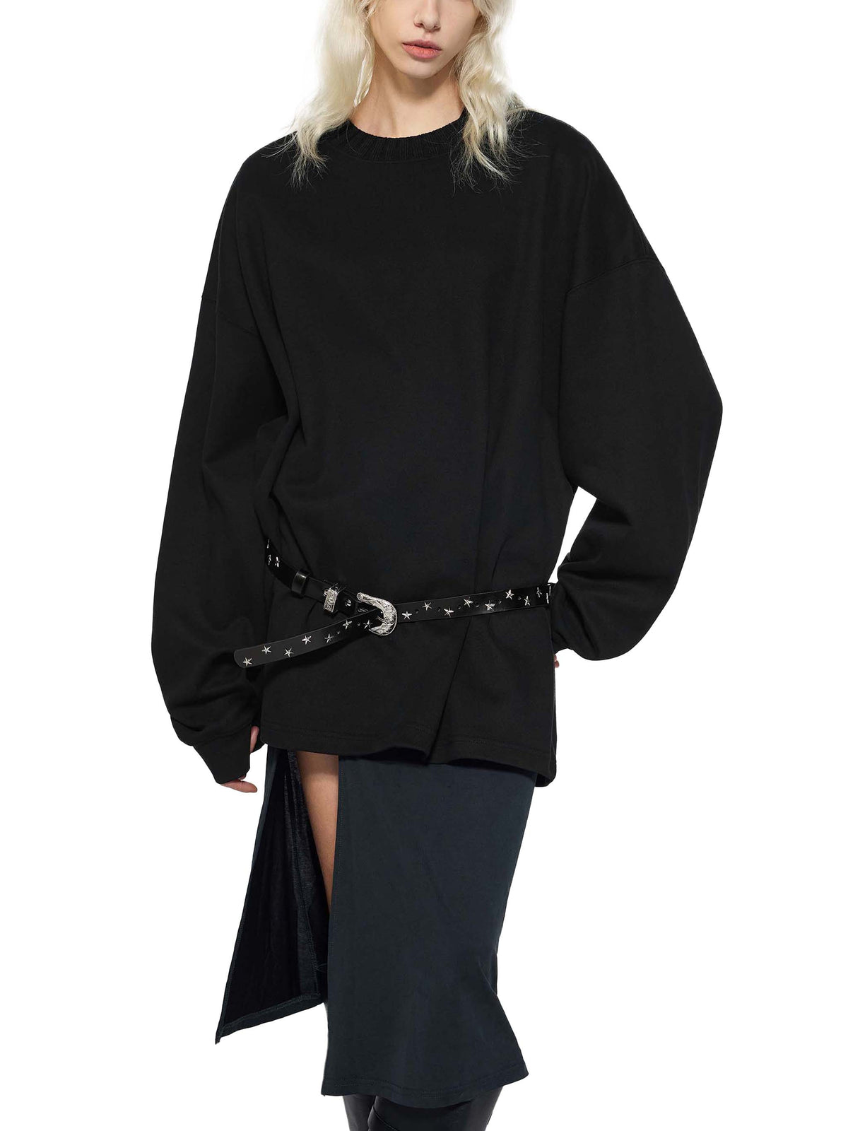 Black oversized knit sweatshirt with round neckline and studded belt detail at waist